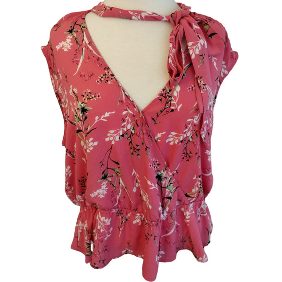 New York & Co. // Soho | Pink Floral V-Neck Peplum Georgette Blouse Top - Picture 1 of 10